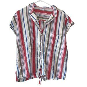 Old Navy Womens Striped Button-Down Short-Sleeve Shirt Front Pocket & Tie Hem